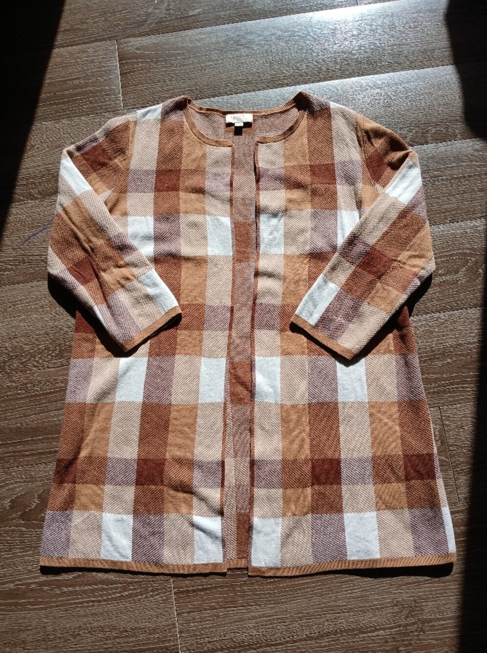 LOFT Plaid Tunic Top - Brown, Cream & Tan 100% Cotton Womens Sz L Trendy EUC